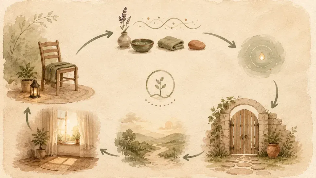 A visual session arc showing arrival, listening, integration, and return.