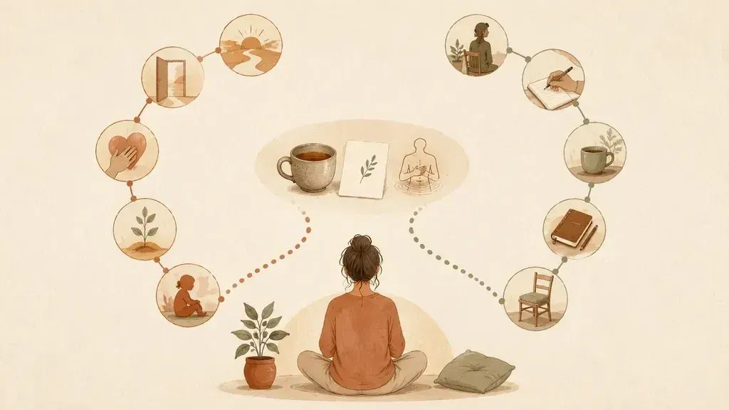 A seated person between two gentle paths of ordinary objects, suggesting different ways into the same grounded practice